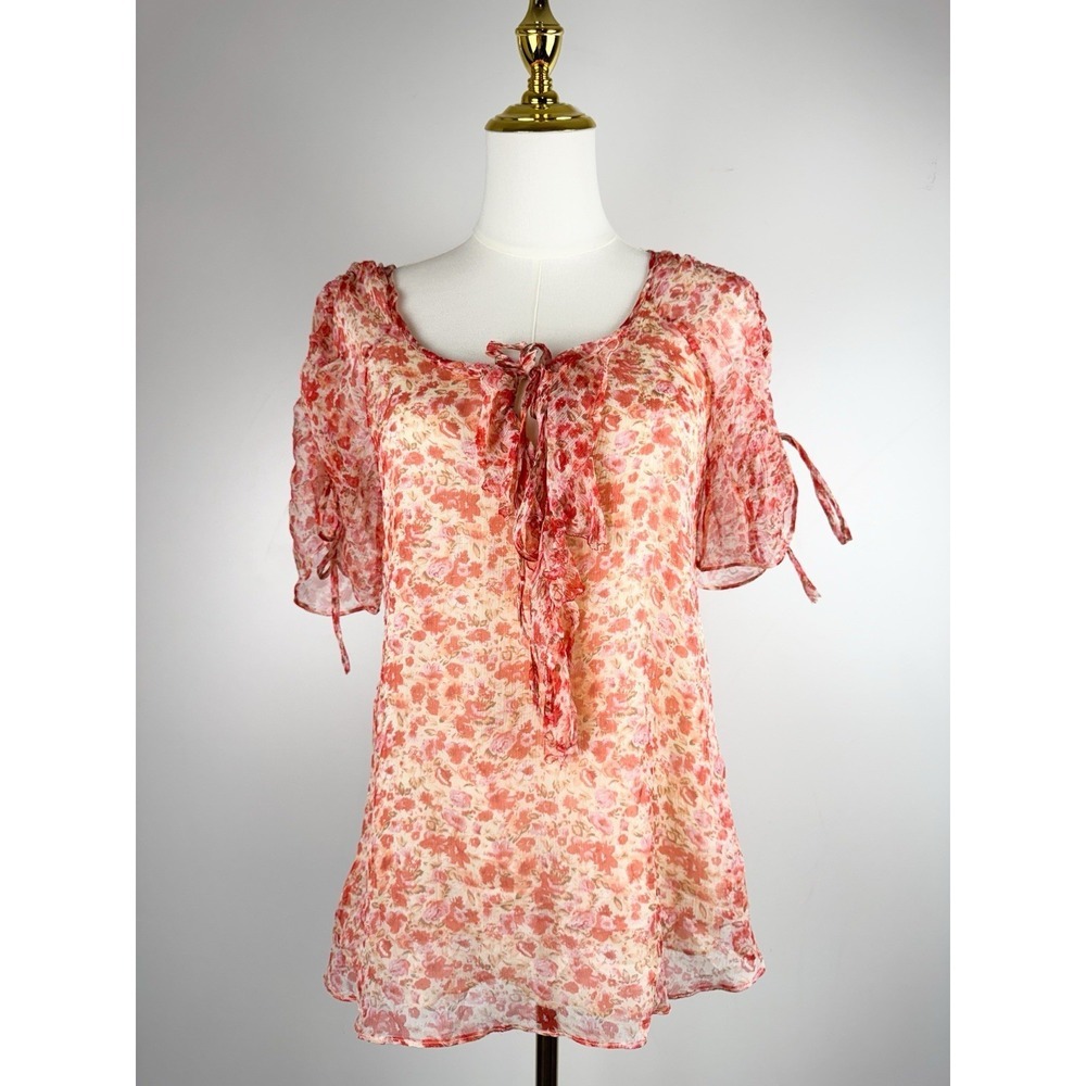 Sundance 100% Silk Floral Blouse Red Pink Sheer Ruffle Tie Neck Top Women's XS
